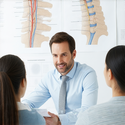 一位外籍老師與學生進行一對一的英文教學，背景中有椎間盤移位的相關解剖圖，強調即時提升英文能力及醫療知識的學習體驗。