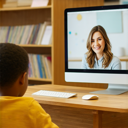 遊車河英語一對一課程與外籍老師互動學習，學生坐在書桌前，專注於螢幕上的外籍老師，背景為學習環境，開啟你的英語冒險之旅。