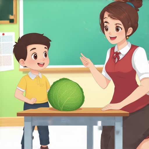 外籍老師與學生一對一互動，探索甘藍的秘密，教學場景生動活潑，學生專注學習英語，提升語言能力，展現學習的樂趣與成效。