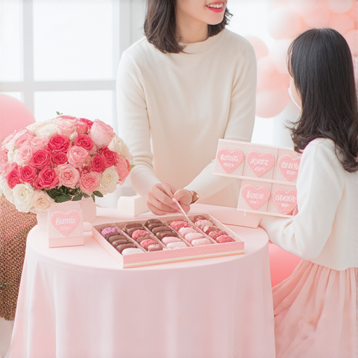 白色情人節的浪漫氛圍，一位外籍老師與學生一對一進行英文對話，桌上擺放愛心形狀的巧克力和鮮花，營造溫馨學習環境，提升語言技巧與愛情共融。