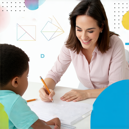 外籍老師與學生一對一學習英文，探索畢氏定理的應用，背景顯示幾何圖形，強調數學的魅力，寓教於樂，激發學習興趣。