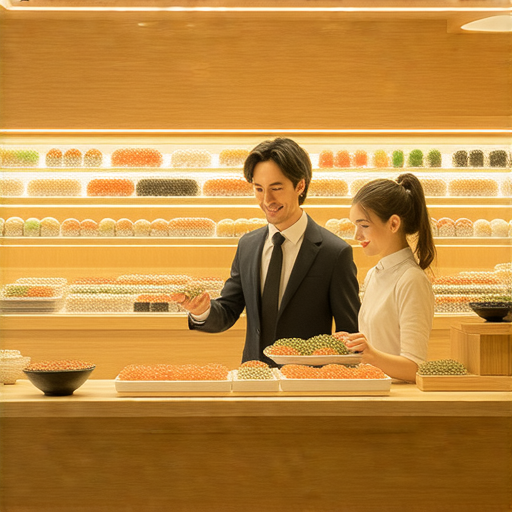 迴轉壽司餐廳內景，一位外籍老師正在與學生一對一教學點餐技巧，背景顯示多樣的壽司，強調如何用英文輕鬆點餐的過程。