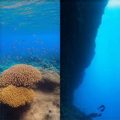 揭開正本與浮潛的迷人秘密，展示兩者在水下世界的不同景觀，左側為浮潛探險者欣賞珊瑚礁，右側為深潛的冒險者探索神秘海底洞穴，突顯兩種潛水方式的驚人差異。