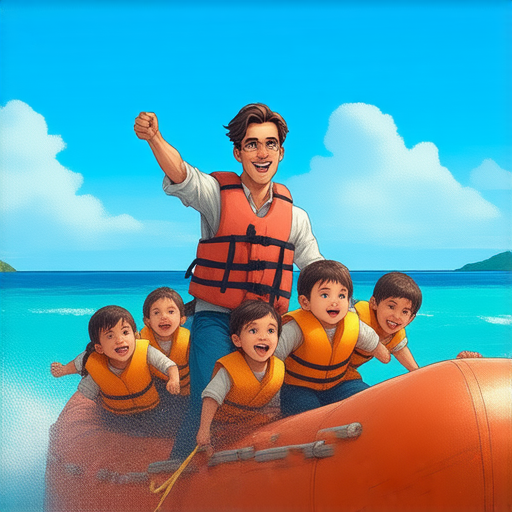 外籍老師帶著學生們在橡皮艇上進行語言探險，背景是碧海藍天，大家熱情互動，享受學習英語的樂趣，展現出有趣的學習氛圍。