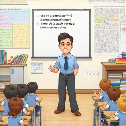 肚子疼的英文怎麼說，外籍老師教學場景，學生積極學習，背景有學習資源，適合想要提升英文表達的學習者，點擊探索更多相關知識。