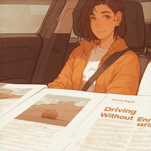 一位外籍老師與學生在車內進行駕駛英文交流，桌上有泊車技巧的學習資料，展現輕鬆提升英文技巧的氛圍，標題為駕駛英文無障礙。