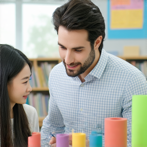 外籍英文老師與學生進行一對一橡膠學習課程，學生專心聆聽、老師演示橡膠的特性，探索潛在的知識，激發學習興趣。