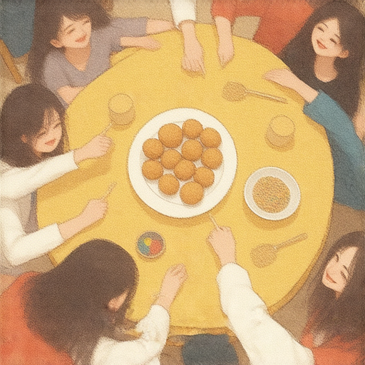 下屬英語能力驚人，飯團團聚揭開不為人知秘辛的場景，大家圍坐在桌旁，熱鬧交談，分享經歷，展示團隊合作與交流的重要性。