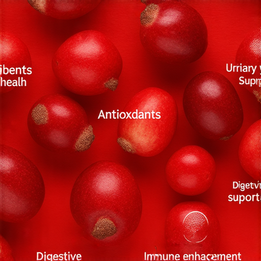 蔓越莓的鮮紅果實與健康優勢的圖示，突出其五大驚人好處，包含抗氧化、尿道健康、促進消化、增強免疫力等，展現蔓越莓的神奇力量。