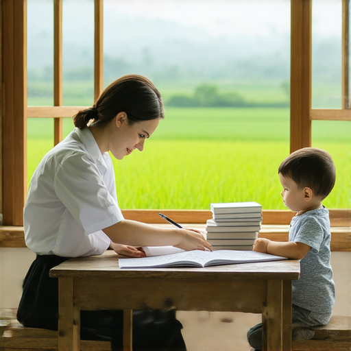 外籍老師在鄉下進行一對一英語教學，學生專心學習，提升英語能力的場景，展現鄉下生活中的教育魅力，探索鄉下生活的英文秘密。