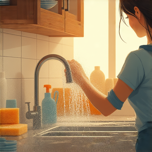 圖片顯示一位正在洗碗的家庭主婦，水槽周圍出現漏水情況，桌面上有洗碗用具。提醒人們注意洗碗時可能隱藏的漏水危機，提防家裡的潛在問題。