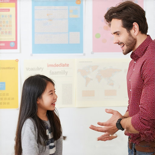 立刻提升英文能力，圖片展示學習直系親屬詞彙，學生與外籍老師一對一互動，專注於口語練習和交流。