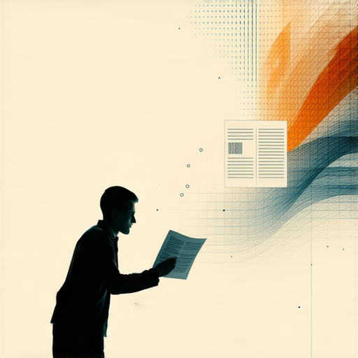 米色背景中，人物專注於探索競爭的各種機會，手裡拿著資料，象徵著《突如其來的競爭節奏》主題，展示如何在不斷變化的環境中篩選精彩瞬間。