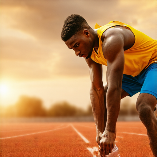 一位運動者在跌倒後，正努力蹲下再起，展現堅韌不拔的精神，成功背後的挑戰與奮鬥，體現了跌倒再站起的勇氣與毅力。