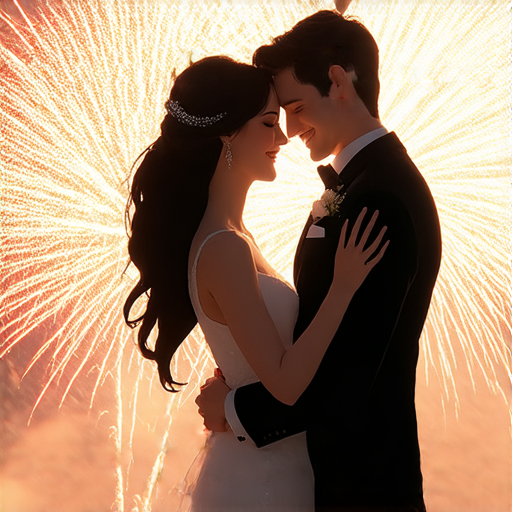 新婚夫婦在新年慶祝活動中相擁，背景是煙花綻放，象徵著愛情的重生與無限可能，顯示出他們對未來的美好期待，探索新生活的秘密。