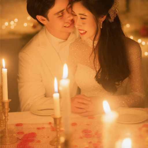 新婚夫婦在新年慶祝中增進感情的幸福時刻，場景中有燭光晚餐、花瓣裝飾以及兩人甜蜜互動，展現生活的小確幸和探索愛情秘訣。