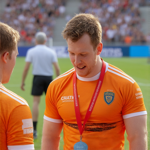 運動場上，一位運動員正在用英文向隊友道歉，背景是運動場地和其他運動員，展現運用連鎖思維的技巧，強調溝通與和諧的重要性。