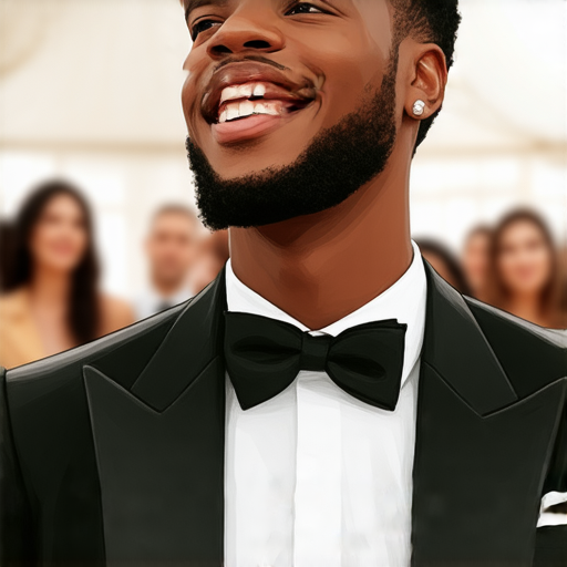 一位穿著優雅燕尾服的人在正式場合中自信地講英語，展現出自信與魅力的同時也突顯出學會英語的重要性，讓人印象深刻。