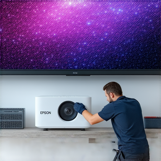 Epson 4K投影機展示影像效果，專業技術人員正在進行維修服務，確保設備運行最佳，助力完美觀影體驗，展現高畫質與細緻層次。