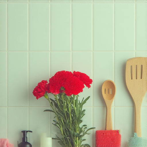 探險廁所裡的幽默，畫面中是一束康乃馨與各種廚具，呈現出有趣的對比，展示廁所背後與廚房的秘密與幽默感，帶來意想不到的驚喜與創意。