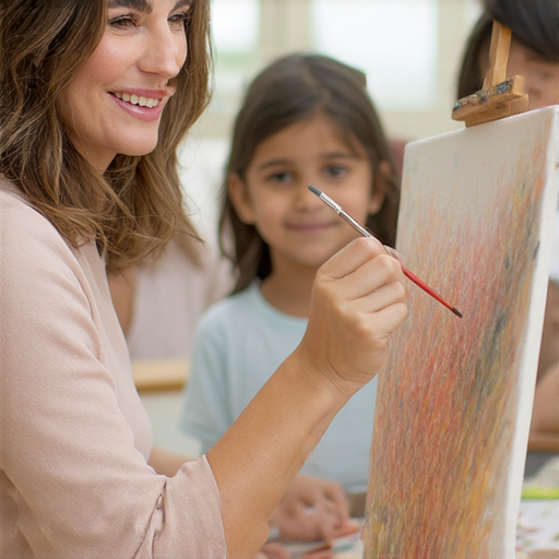 外籍英文老師指導學生繪畫，表達心中情感的場景。學生專注創作，老師微笑鼓勵，展現學習氛圍，喚起「突然想起你」的情感連結。