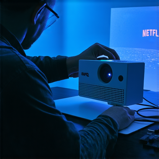 BenQ投影機GV30無法追劇Netflix的專業維修過程，展示維修人員檢查設備，背景可見投影畫面，揭示技術問題及解決方案，幫助使用者了解問題。