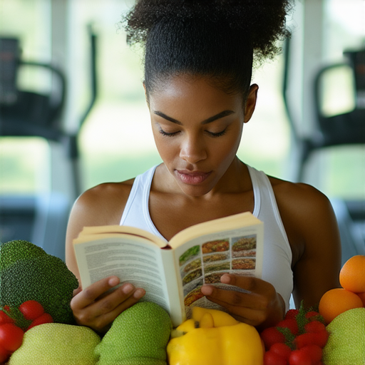 一位專注於健康飲食的人正在閱讀減肥指南，周圍擺放著新鮮蔬果和健身器材，展示如何利用清醒思維打破飲食漏洞，達成減肥目標。