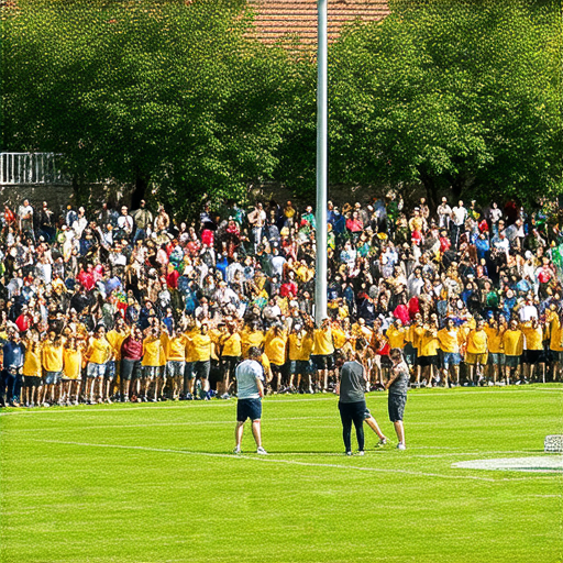 重疊的運動場場景，展現進擊的鄰居邀請大家一起道歉的活動，背景中可見運動員們與觀眾熱烈互動，表達和解與共融的氛圍。