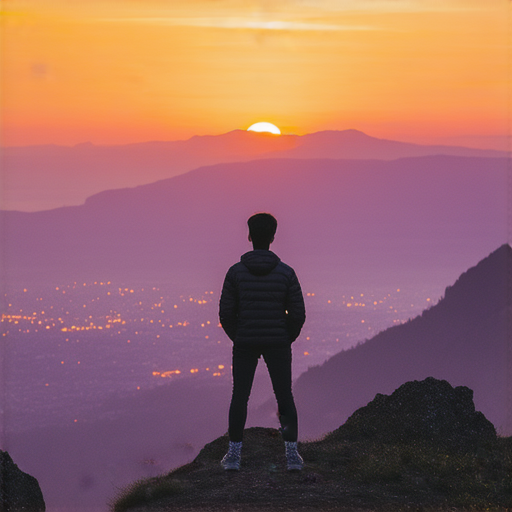 一位專注的年輕人站在山頂，遙望遠方的城市，象徵著如何翻轉命運，尋找成功的關鍵與學習意外損壞的寶貴教訓。