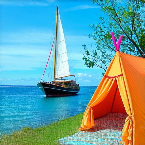 從右到左，探索巴西的布吉帆船，背景是巧合的師傅，前景為幼稚園的奇幻帳篷，色彩繽紛，帶來夢幻的海洋冒險氛圍，適合親子活動的場景。