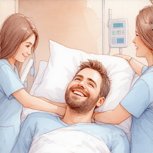 圖片展示了一位康復者在醫院中微笑著，身邊是醫護人員與家人的支持，象徵著意外、感染後的重生與成功，展現感激與感謝的重要性。