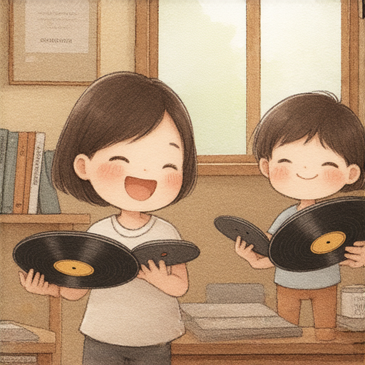 外籍老師與學生一起探索黑膠唱片，享受音樂的魅力，重拾學習英文的樂趣，環境舒適，展現學習過程中的互動與歡樂氛圍。