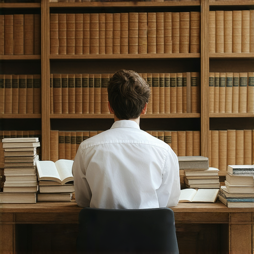 一位精神專家靜坐於書桌前，周圍是崇高的書籍和筆記，正進行關於抽象與拖延的探索，強調用指導和挑釁掌控生活的重要性。