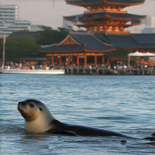 淺草的混血兒海獅在水中靈活游動，展示其活潑的特質。背景為淺草地標，傳遞出探索海獅的秘密與魅力，吸引遊客的目光。