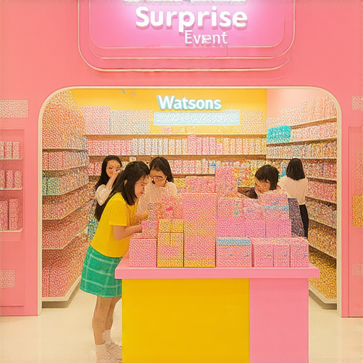 屈臣氏驚喜大贈送活動，顧客購物即享獨家禮品，色彩繽紛的產品展示，營造歡樂氛圍，吸引顧客探索精彩優惠，快來參加！💖