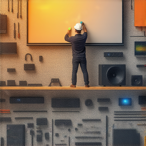 後投影幕展示維修技巧與驚人功能，專業人士正在進行修理，背景中可見多種投影設備，強調探索後投影幕的秘密與實用方法，提升使用體驗。