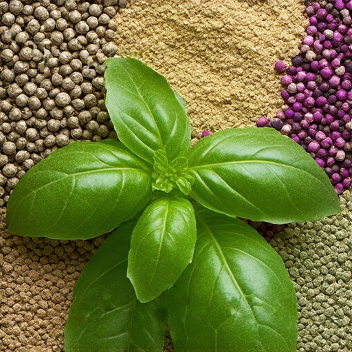 九層塔葉子與花朵的特寫，展現其鮮豔的顏色，背景為中藥材的展示，象徵九層塔在健康生活中的重要性，探索中藥的奇妙世界與健康秘訣。