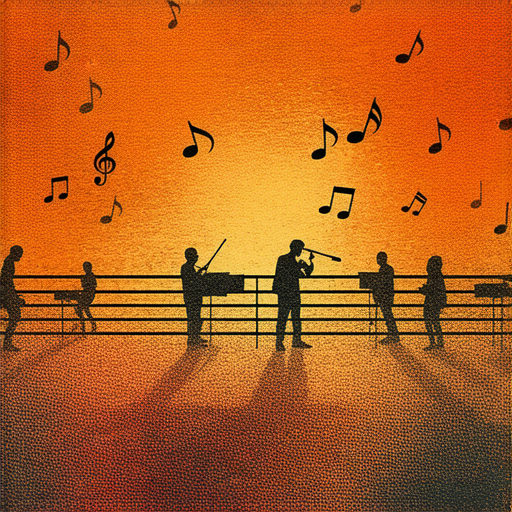 五線譜上顯示多樣音符，象徵音樂交流如何重塑人際關係，背景中有樂隊演奏，體現音樂的連結與溝通力量。