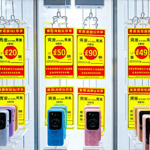 自拍相機展示，包含多款熱門型號及價格標籤，背景為香港白港的標誌性景點，專業維修服務標示清晰，適合自拍愛好者和專業用戶選擇最適合的產品。