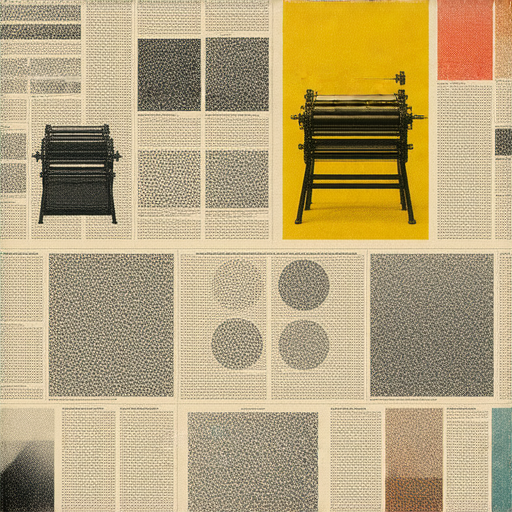 印刷術的發展過程，展示活字印刷與絲網印刷的技術魅力，背景中可見印刷機器與色彩斑斕的印刷樣本，體現印刷藝術的歷史與現代融合。