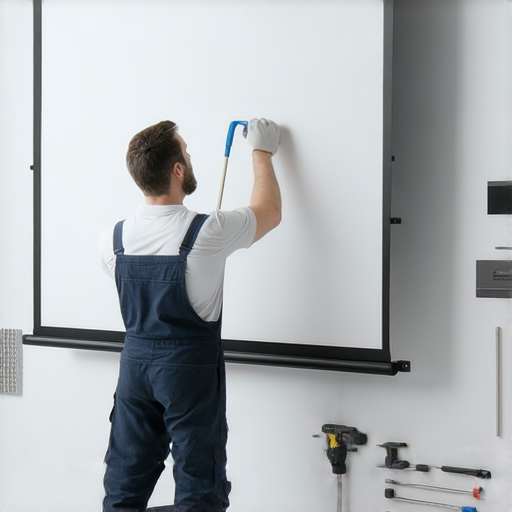 專業技術人員安裝投影幕，展示安裝過程中的細節，強調正確安裝對視覺體驗的影響，並提供維修秘訣，讓觀眾了解安裝的重要性。