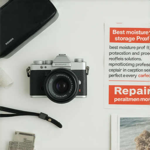 即影即有相機展示，旁邊有防潮儲物箱與維修服務標誌，強調最佳防潮方案及專業維修服務，助你捕捉每個完美瞬間。