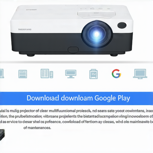 投影機下載Google Play的過程示意圖，展示安裝秘訣及操作步驟，同時提及專業維修服務，讓用戶了解投影機的多功能性與維護重要性。