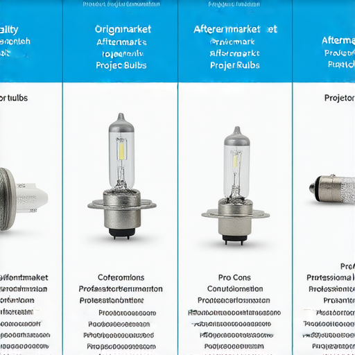 原廠與副廠投影機燈泡的比較圖，展示各自特點與優缺點，資訊清晰，幫助消費者理解選擇最佳產品的要素，搭配專業維修服務資訊。