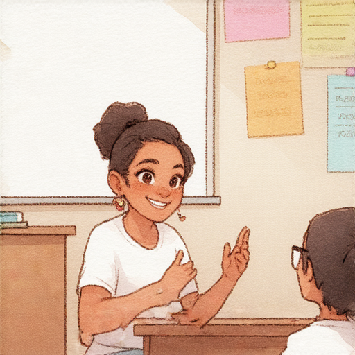 探索精神病院與患者的英文世界的場景，外籍老師與學生一對一互動，提升英語能力的課程氛圍，顯示學習和交流的過程與快樂。