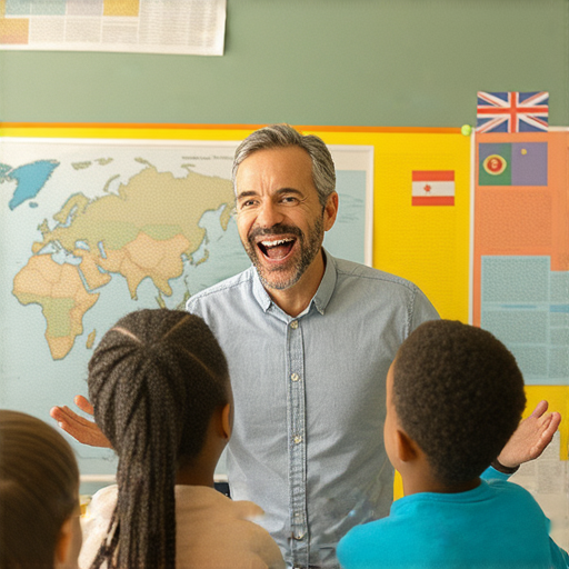 全球罷工風潮下，一位外籍英文老師在教室中與學生互動，提升語言能力的教學情境，展現多元文化交流的重要性，鼓勵學習者積極參與外語學習。