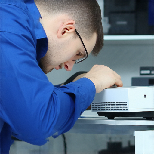 專業維修中心檢查投影機的技術人員，仔細檢驗投影機設備，確保其運行良好，提供高效的維修服務，幫助用戶了解投影機是否仍可使用。