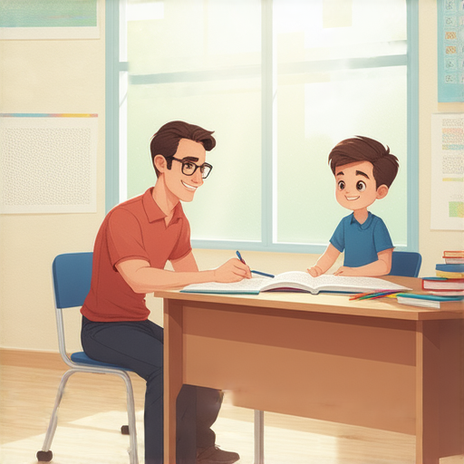 一名外籍老師與學生一對一進行英文教學，氛圍輕鬆愉悅，提升溝通能力，學生專注學習，探索肩膊英文的奧秘，背景為教室環境，桌上有學習資料。