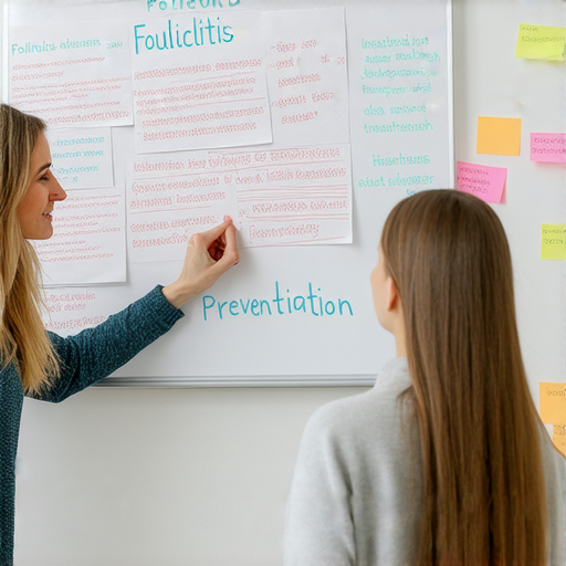 揭開毛囊炎之謎的圖片，外籍英文老師與學生一對一互動學習，提升健康知識的場景，強調毛囊炎的預防和治療，鼓勵探索相關知識。