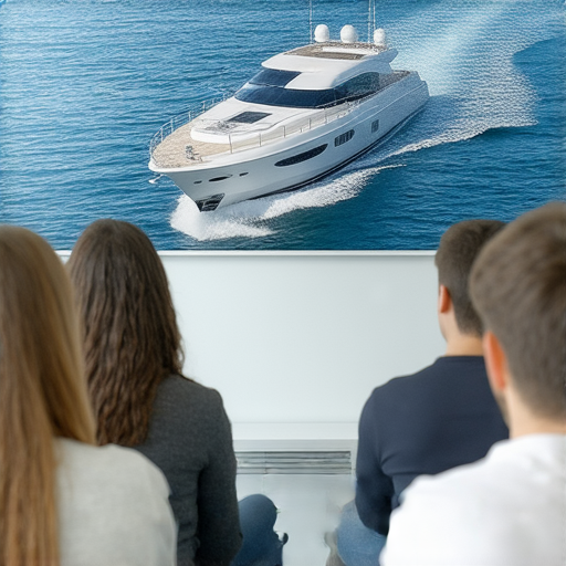 立刻了解遊艇的英文用語，外籍老師輕鬆教學的場景，學生聚精會神聆聽，背景有遊艇圖像，彰顯學習氛圍，提升學習效果。